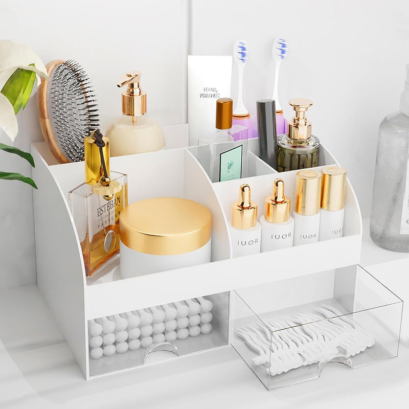 COMFYROOM Makeup Organizer with Drawers, Cosmetic Storage for Dresser Vanity and Bathroom Countertop, Beauty Holder for Lipstick Brush, Skincare Organizer for Vanity, Cosmetic Display Case (White) - Image 1